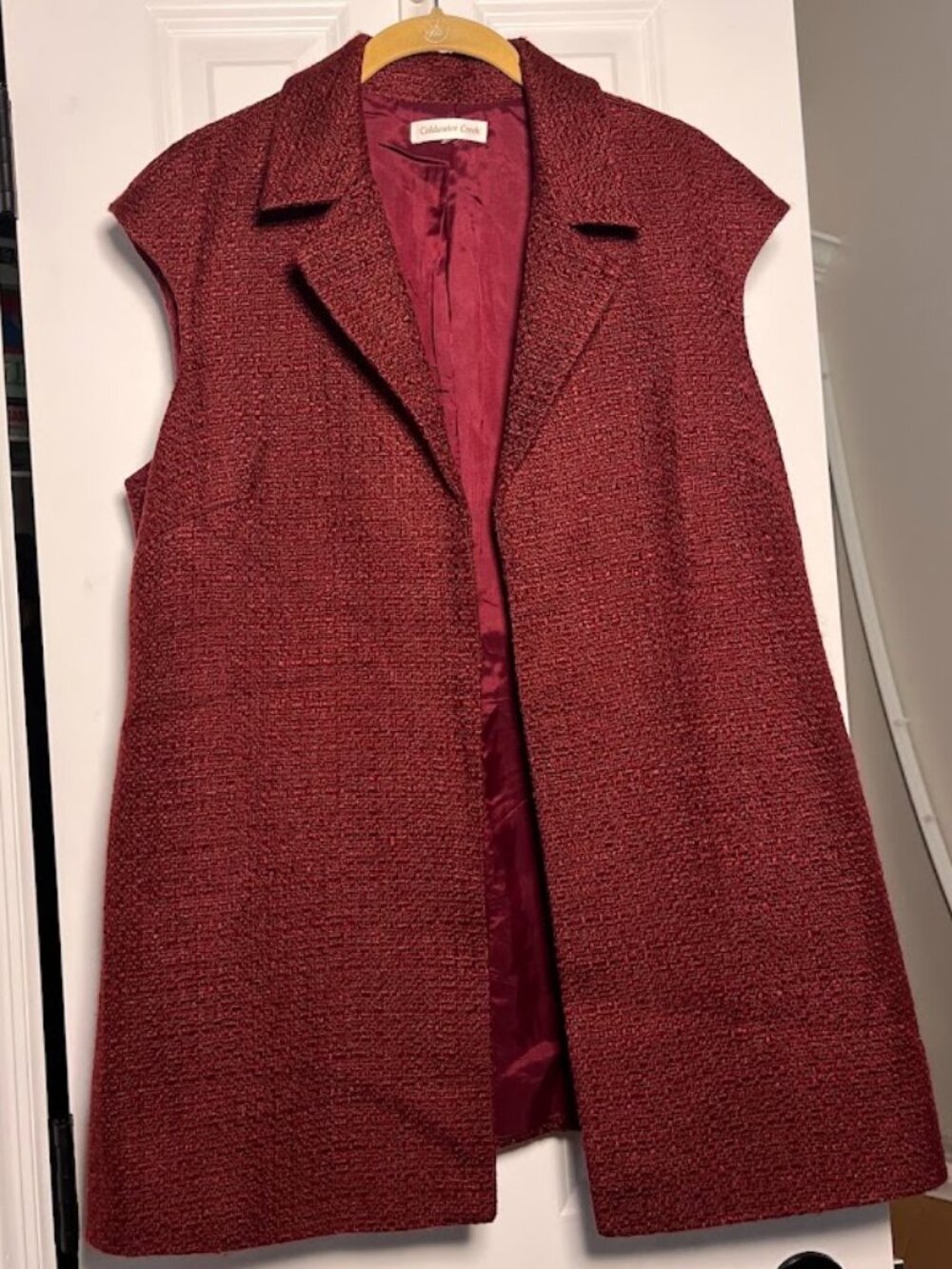 Coldwater Creek Maroon Burgundy Longline Sleeveless Blazer Vest Tweed Textured